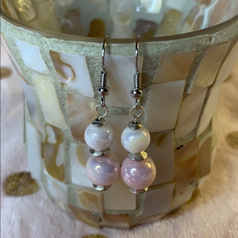 Pink and white glass bead dangle earrings